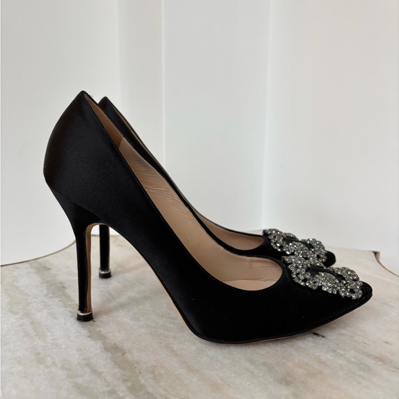 Manolo Blahnik $1800 Hangsi Black Heels with Crystal Embellishments 38 - Picture 5 of 7